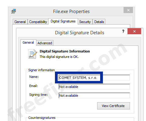 Screenshot of the COMET SYSTEM, s.r.o. certificate